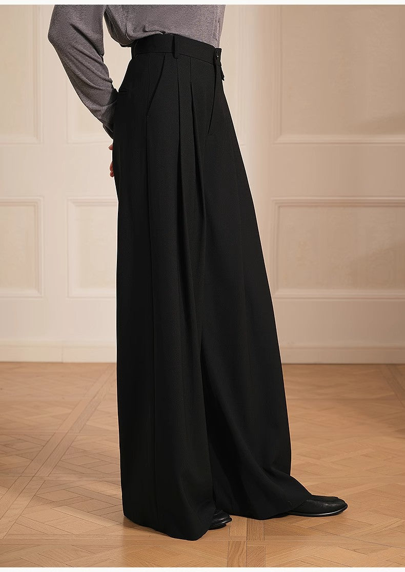 Merino wool blended double pleated wide-leg pants for women, versatile, drapey and comfortable casual trousers by Firelady Fur