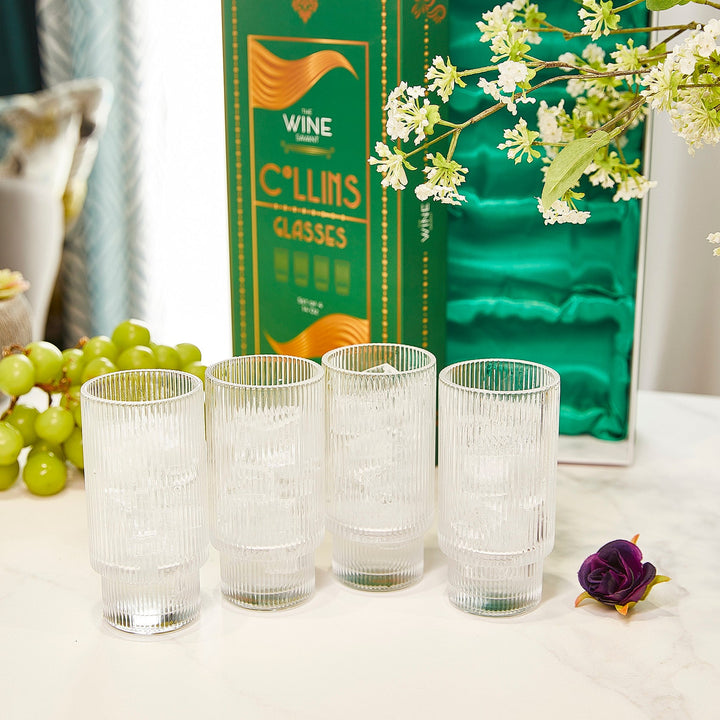 Vintage Art Deco Crystal Highball Ribbed Glass Set of 4 - 14oz