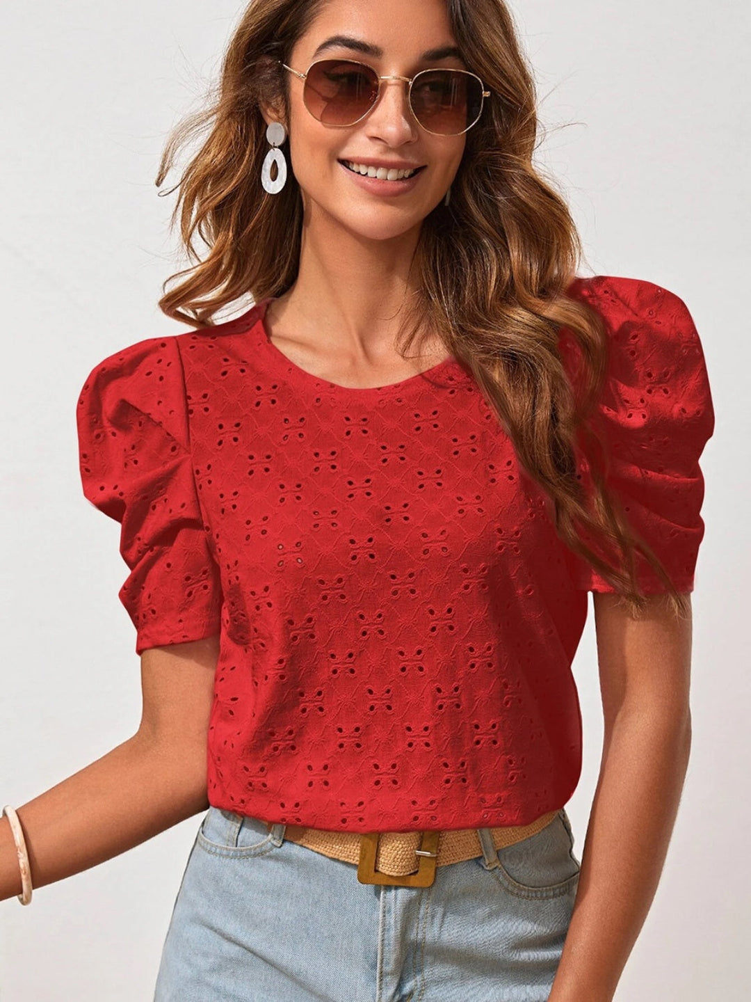 Eyelet Round Neck Puff Sleeve Blouse by Coco Charli