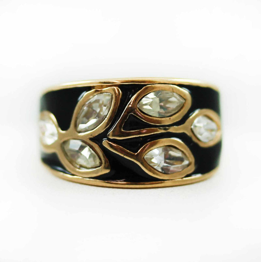 Vintage 1980's Black Enamel Ring with Clear Austrian Crystals Leaf Motif 18k Gold Plated by PVD Vintage Jewelry