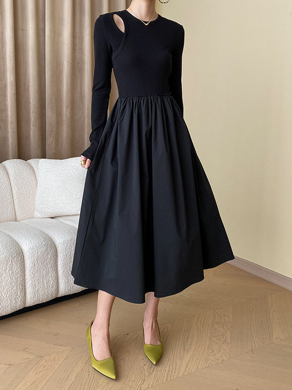 A-Line Long Sleeves Elasticity Hollow Solid Color Split-Joint Round-Neck Midi Dresses by migunica