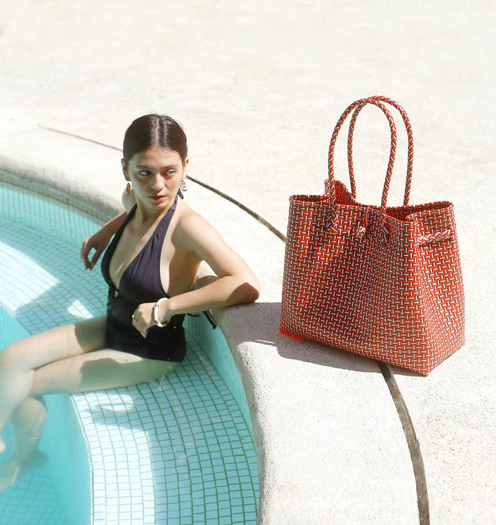 The Toko  Recycled Tote Bag, in Red & White