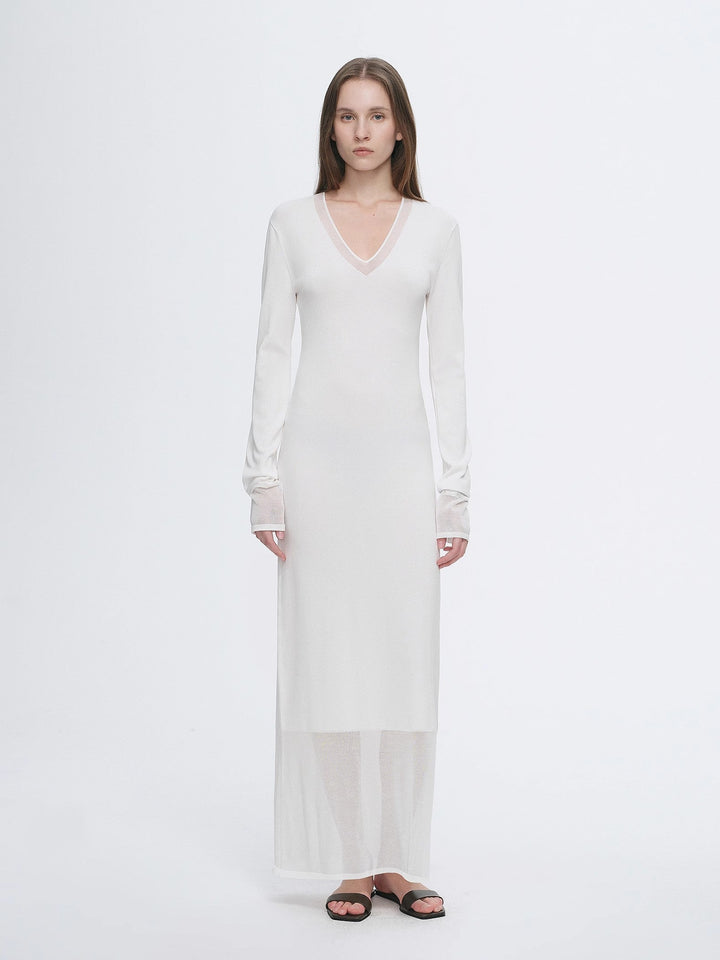 Elegant and intellectual triacetate Tencel blended skin-friendly transparent splicing design V-neck dress by Firelady Fur