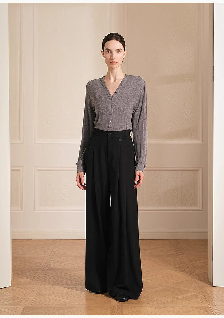 Merino wool blended double pleated wide-leg pants for women, versatile, drapey and comfortable casual trousers by Firelady Fur