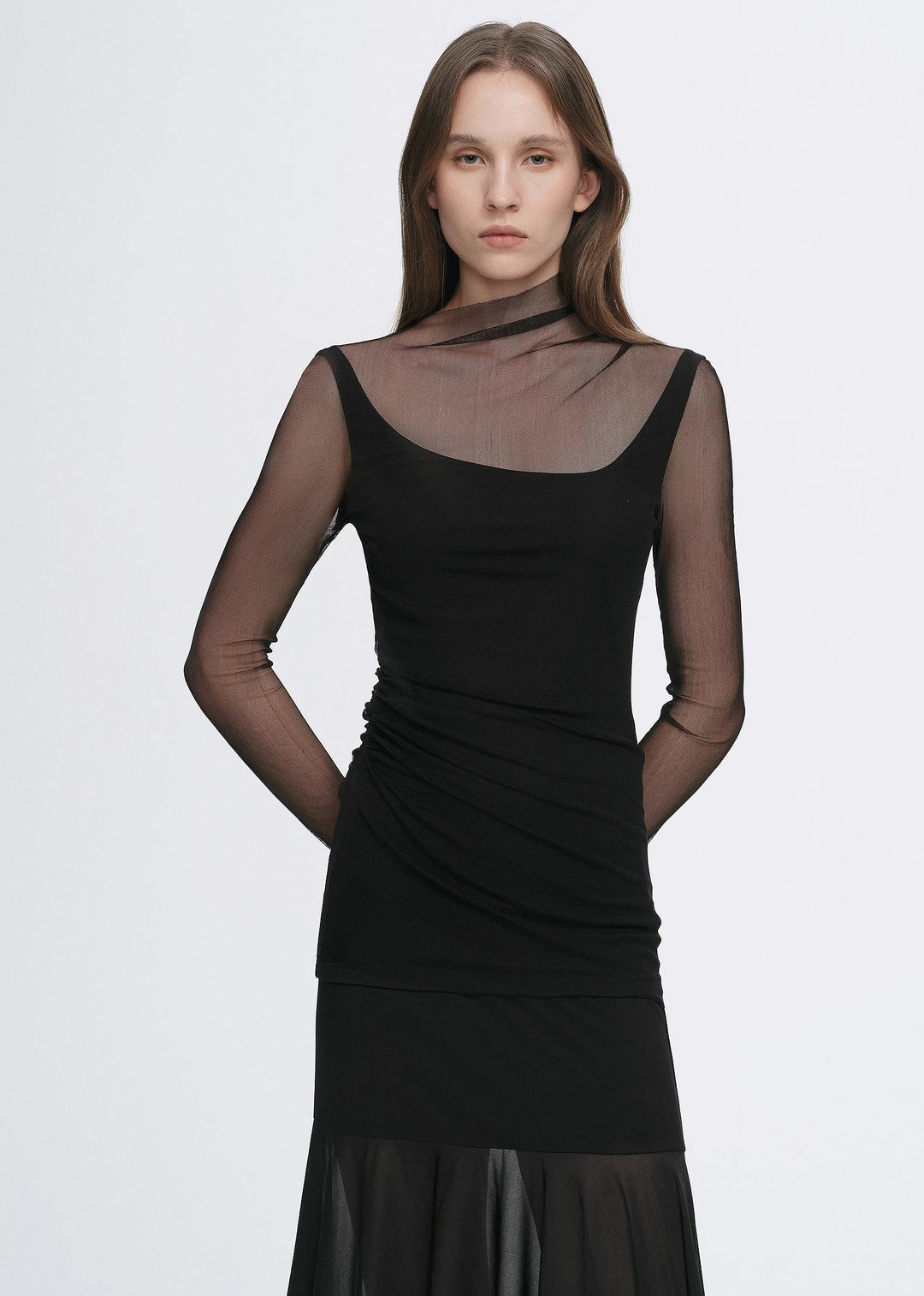 Double-layer transparent oblique collar pinched pleat half-high collar slim fit fake two-piece knitted T-shirt tops for women by Firelady Fur