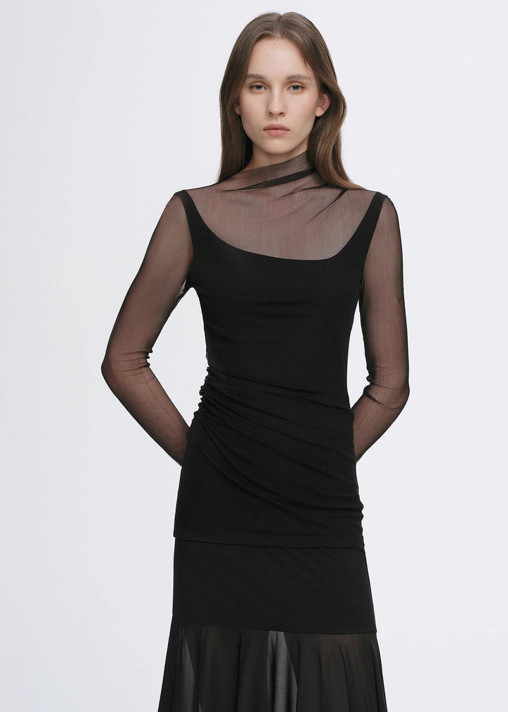 Double-layer transparent oblique collar pinched pleat half-high collar slim fit fake two-piece knitted T-shirt tops for women by Firelady Fur