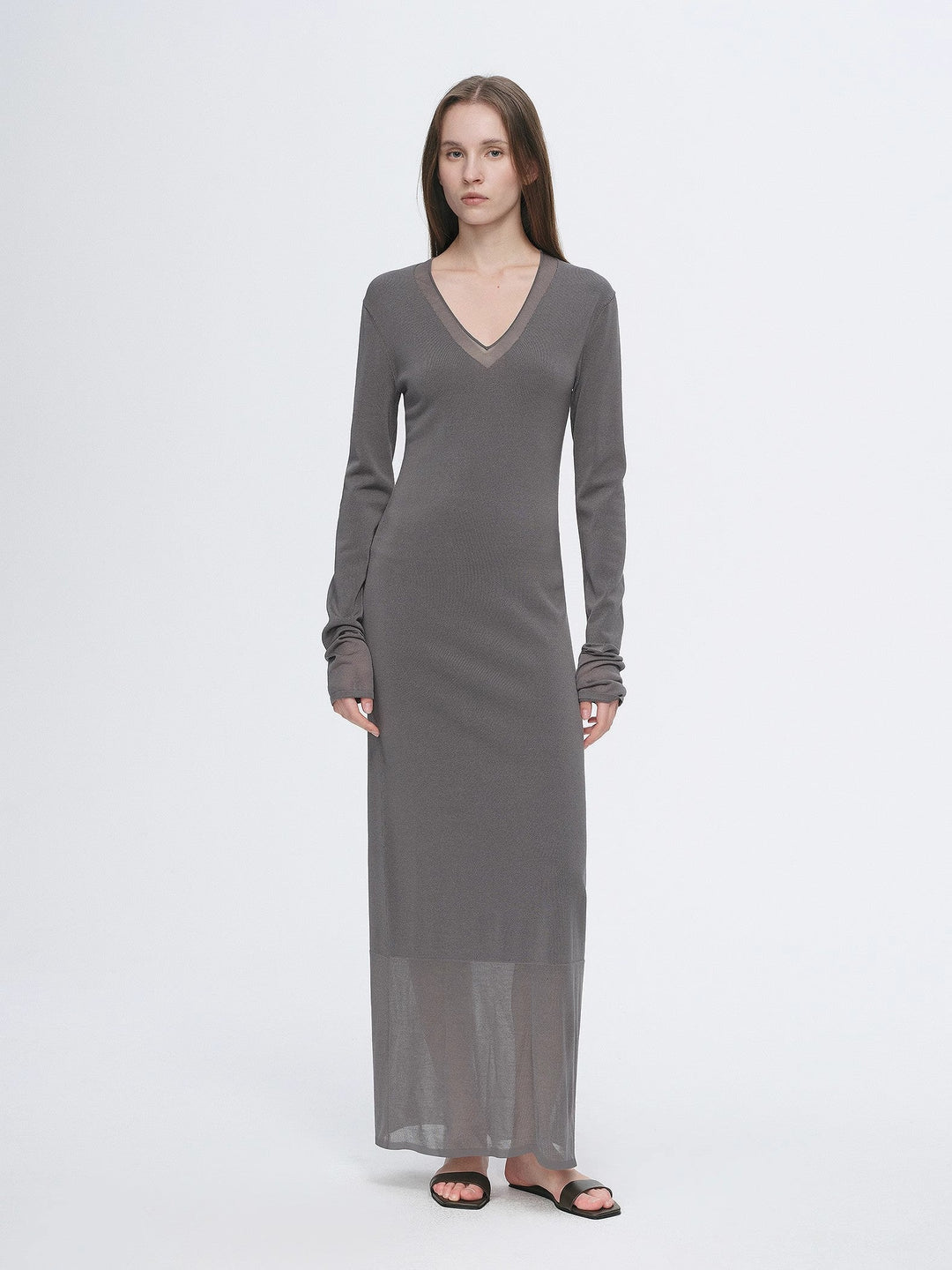 Elegant and intellectual triacetate Tencel blended skin-friendly transparent splicing design V-neck dress by Firelady Fur