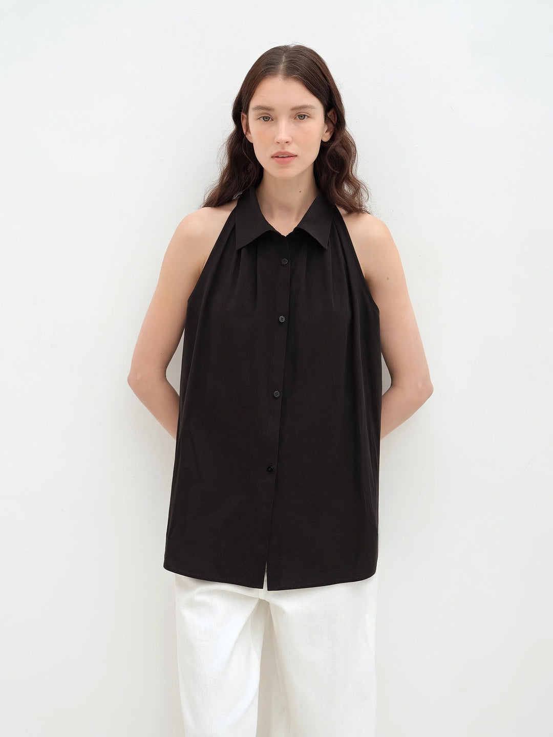 "Poland Island" imported pure cotton stand-up collar sleeveless striped shirt temperament top for women by Firelady Fur