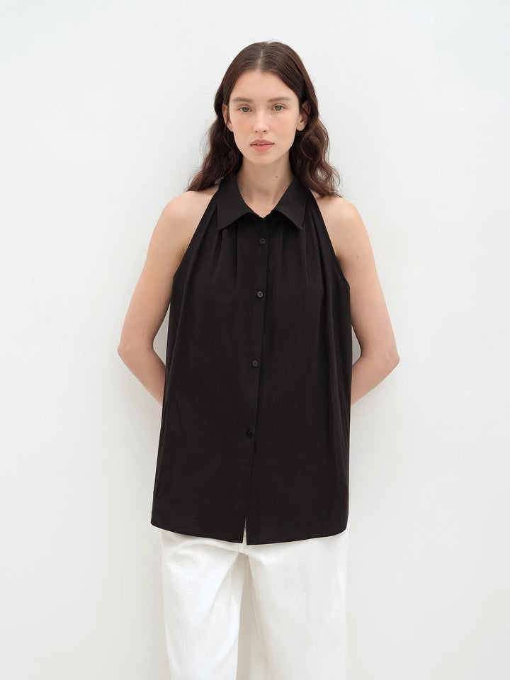 "Poland Island" imported pure cotton stand-up collar sleeveless striped shirt temperament top for women by Firelady Fur