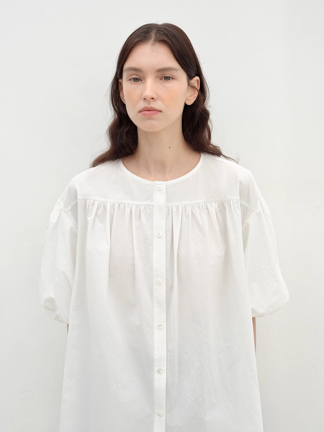 "Romantic Line Drawing" Pure Cotton Slightly Wrinkled Puff Sleeve Short Top for Women by Firelady Fur