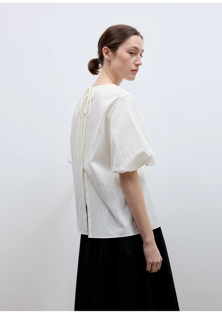 "Iceland Diary" neckline pleated design round neck tie puff sleeve short sleeve shirt for women by Firelady Fur