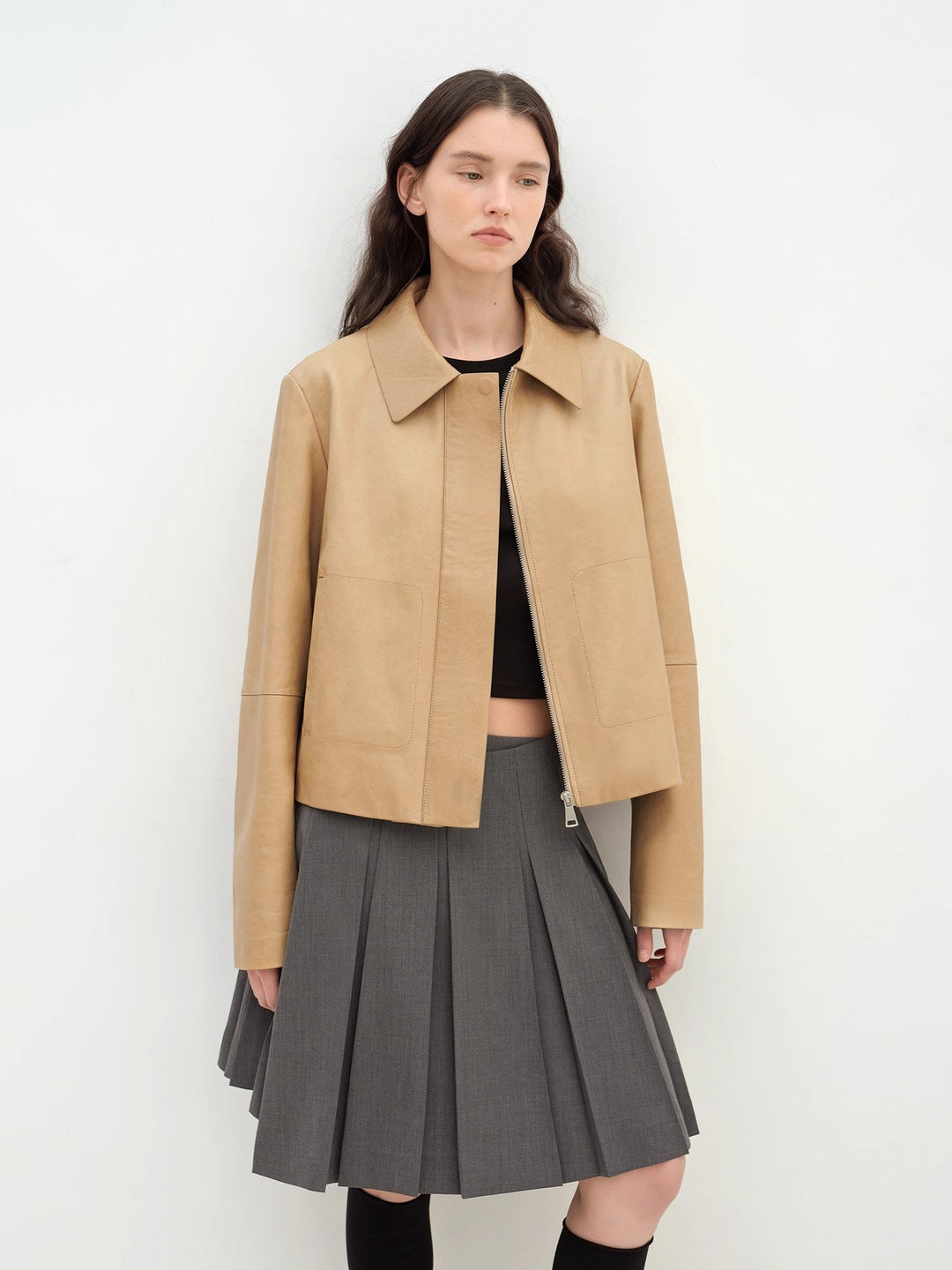 "Miss Sven" Lapel Two-tone Wax Sheepskin Short Jacket Leather Coat Women by Firelady Fur
