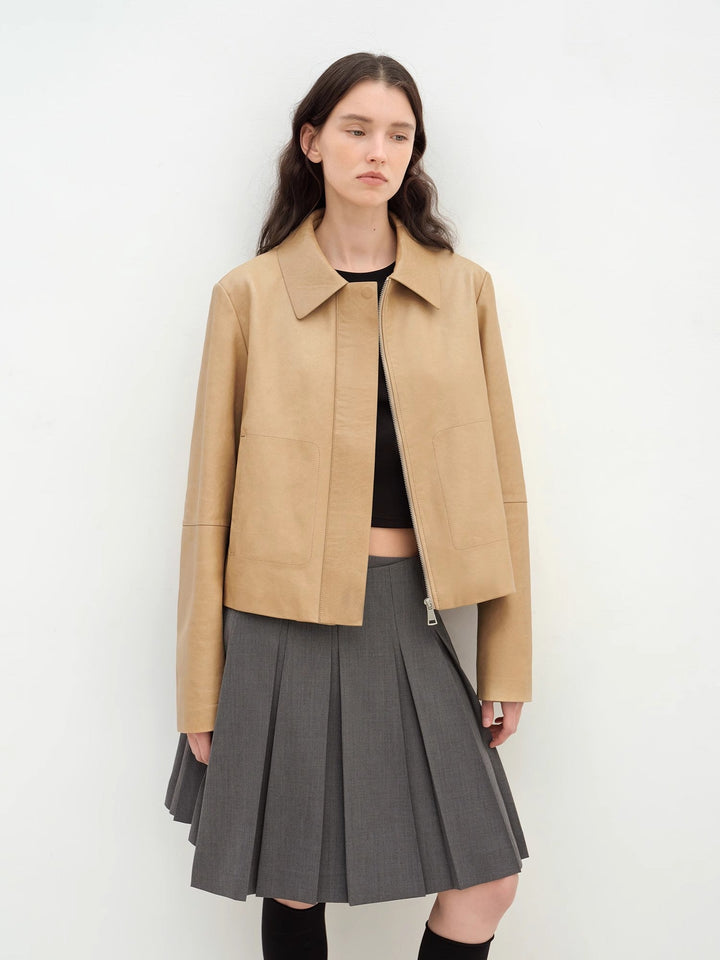 "Miss Sven" Lapel Two-tone Wax Sheepskin Short Jacket Leather Coat Women by Firelady Fur