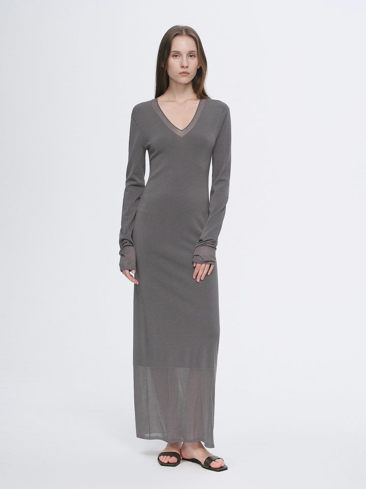 Elegant and intellectual triacetate Tencel blended skin-friendly transparent splicing design V-neck dress by Firelady Fur