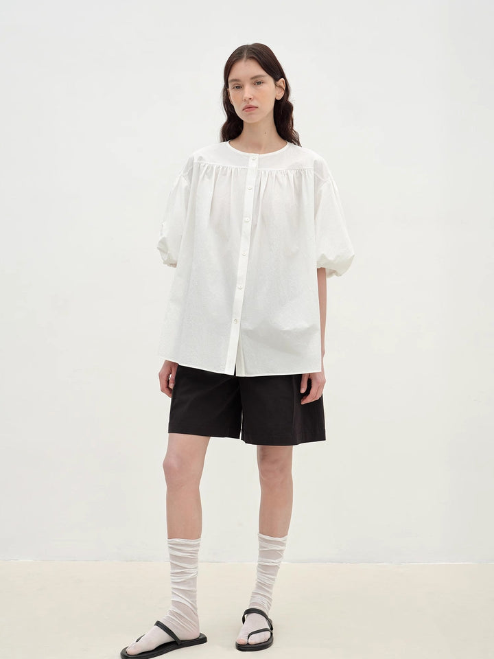 "Romantic Line Drawing" Pure Cotton Slightly Wrinkled Puff Sleeve Short Top for Women by Firelady Fur