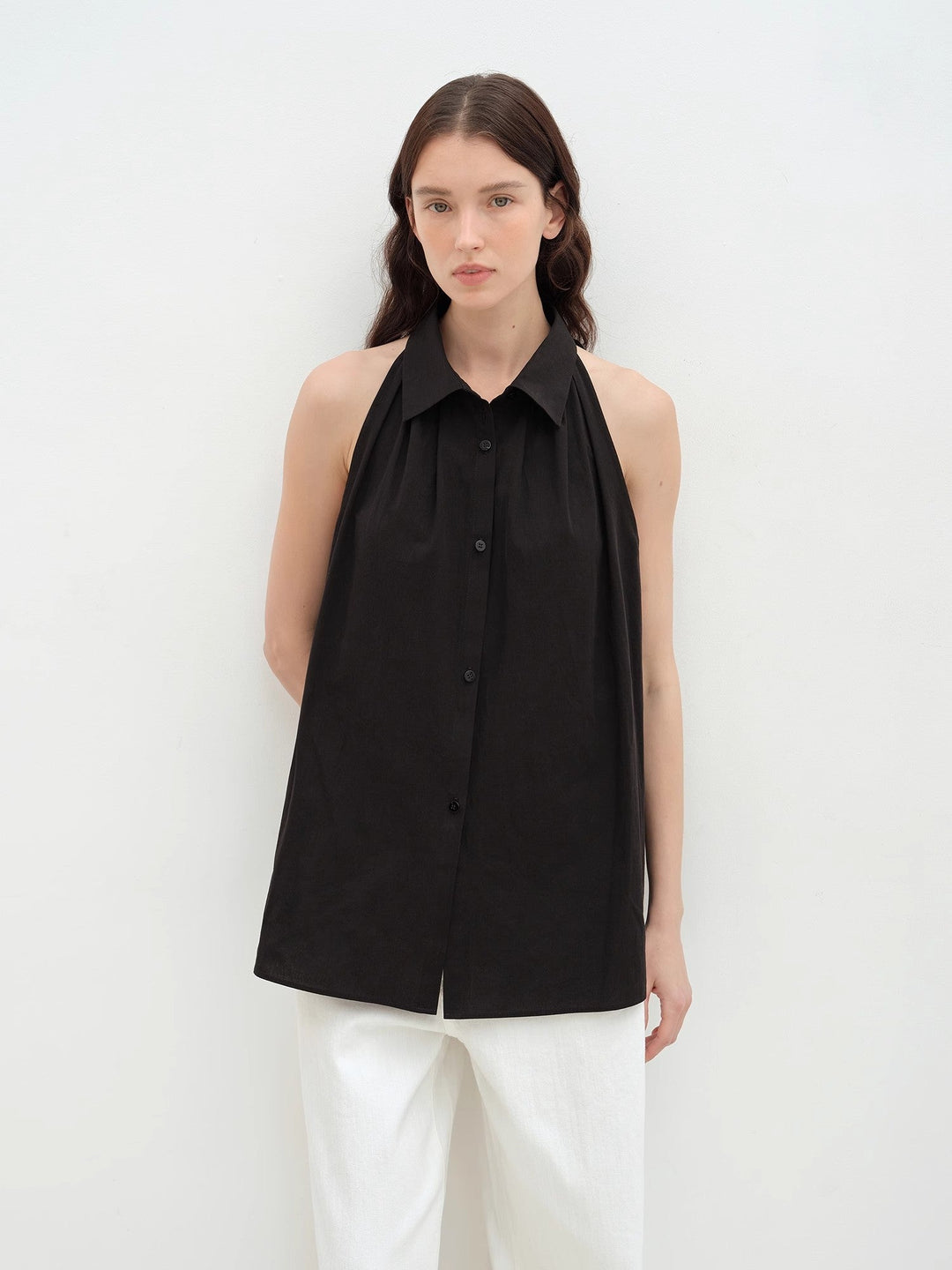 "Poland Island" imported pure cotton stand-up collar sleeveless striped shirt temperament top for women by Firelady Fur