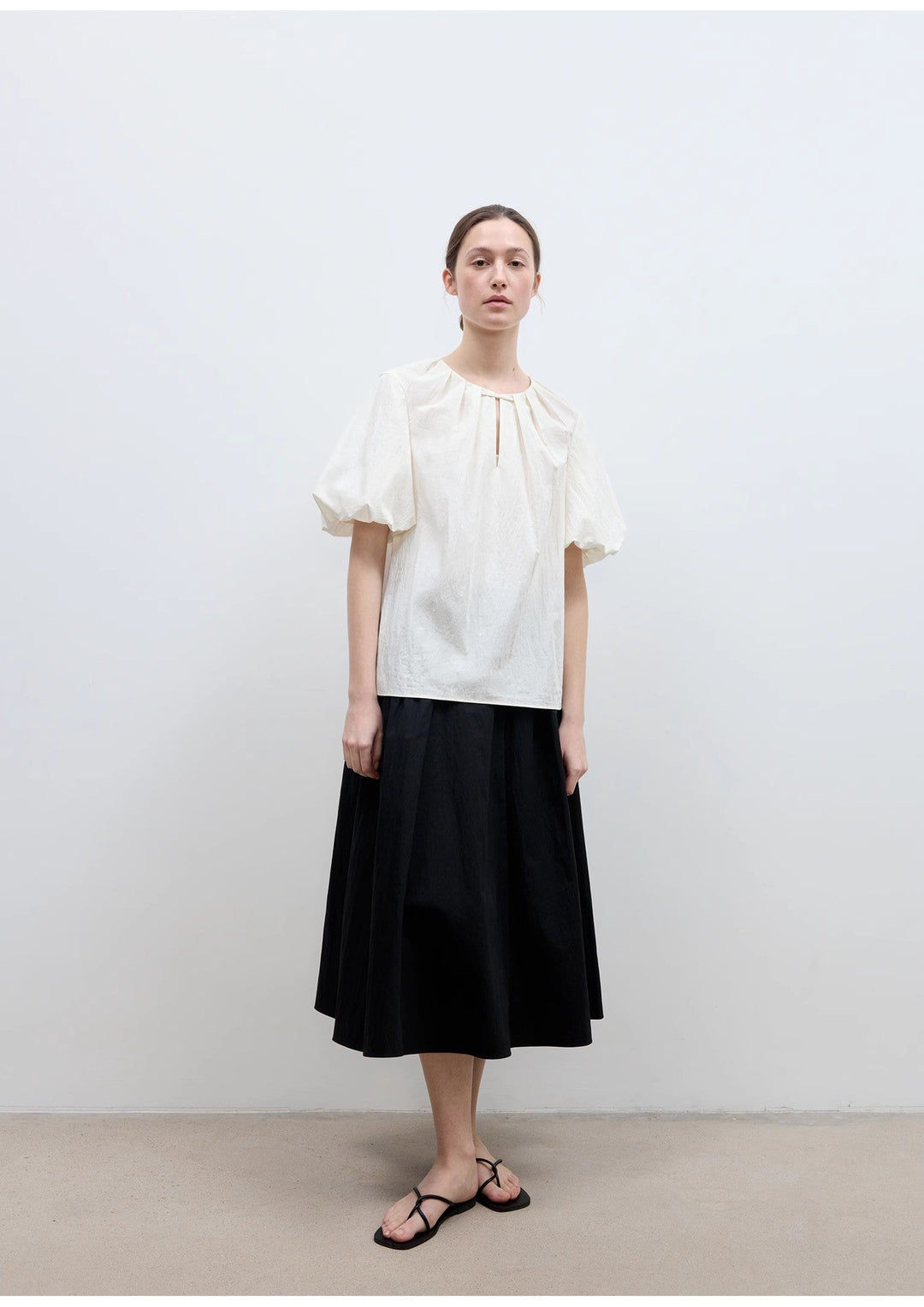 "Iceland Diary" neckline pleated design round neck tie puff sleeve short sleeve shirt for women by Firelady Fur