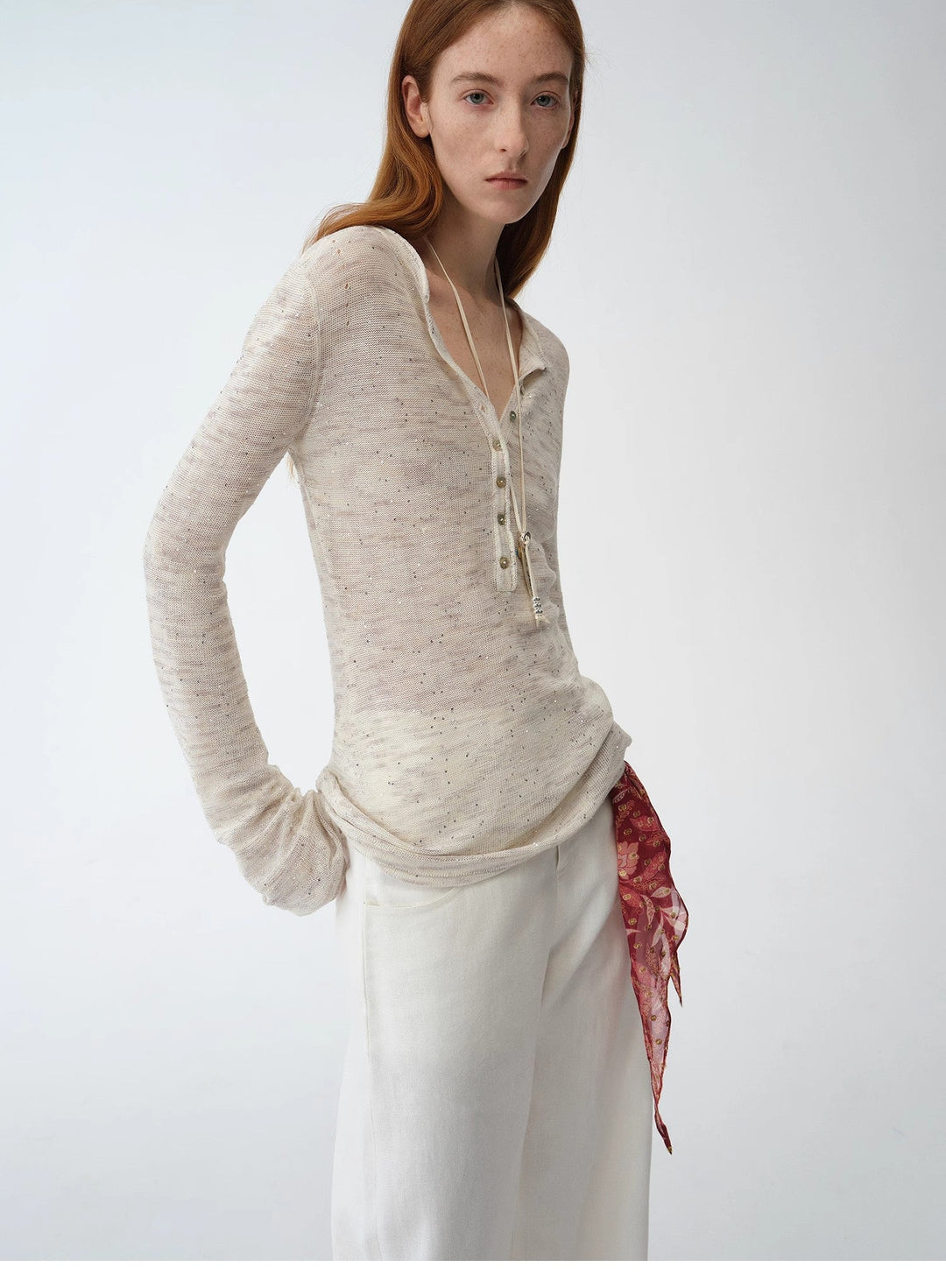 Fashionable cotton and linen beaded fancy yarn waisted bell sleeves round neck cardigan knitted top"Perry Moonlight" by Firelady Fur