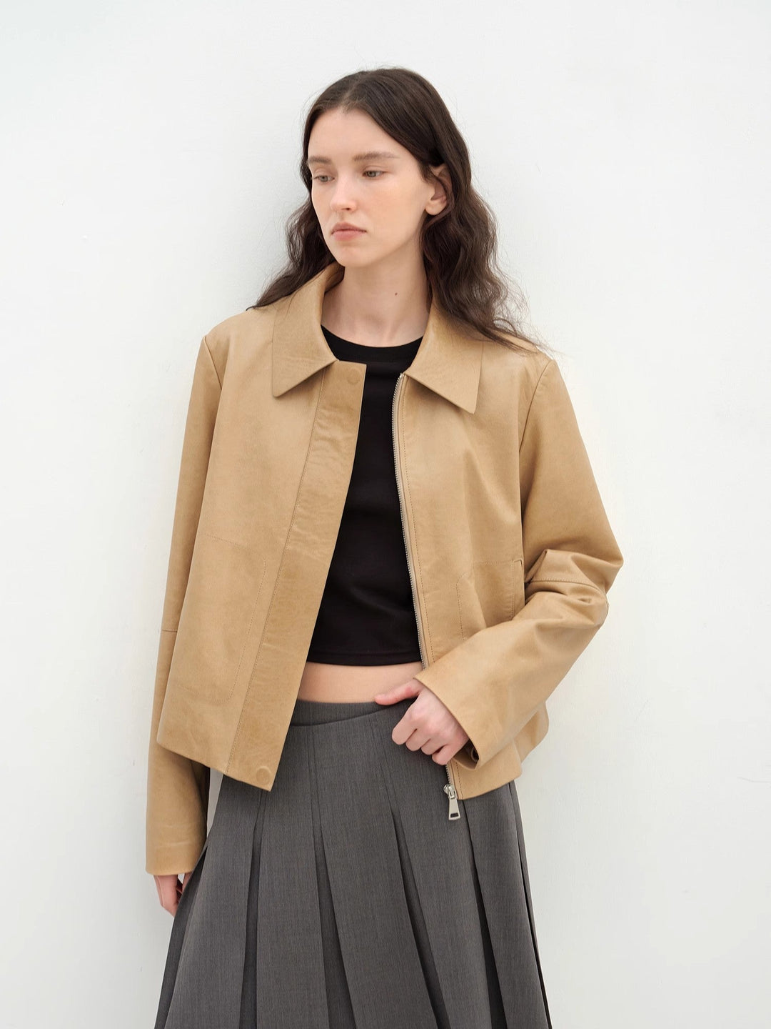 "Miss Sven" Lapel Two-tone Wax Sheepskin Short Jacket Leather Coat Women by Firelady Fur