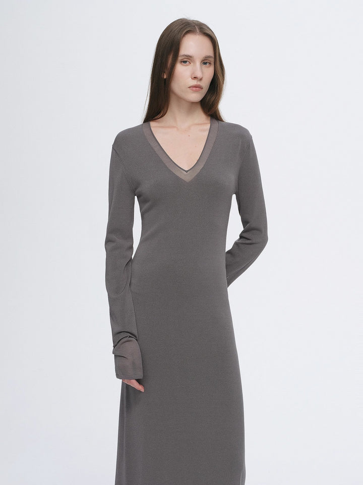 Elegant and intellectual triacetate Tencel blended skin-friendly transparent splicing design V-neck dress by Firelady Fur