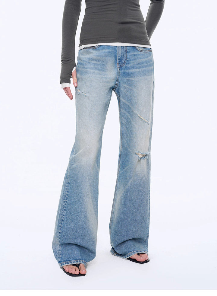 "West City Rhythm" Handmade Whisker Washed Flared Jeans Spring by Firelady Fur
