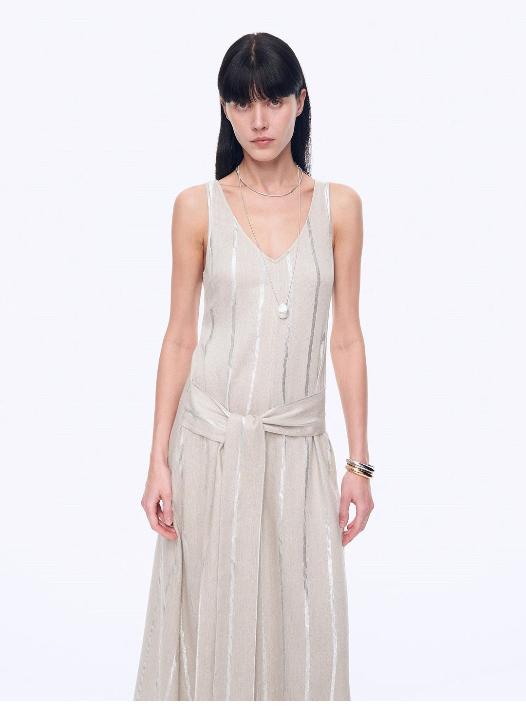 Silver Striped Linen V-Neck Drape Dress"Milan Holiday" by Firelady Fur Pomp and Port Silver Striped Linen V-Neck Drape Dress"Milan Holiday" by Firelady Fur Pomp and Port