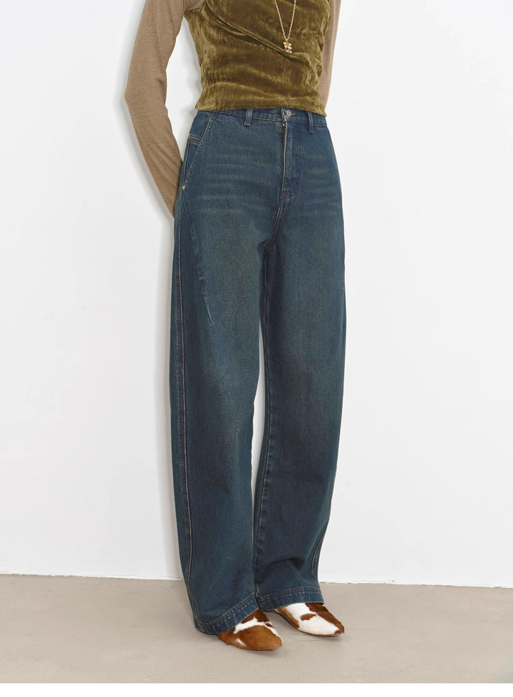 "Blue Island" heavy-duty distressed, slim and durable mid-rise curved knife cotton washed jeans by Firelady Fur