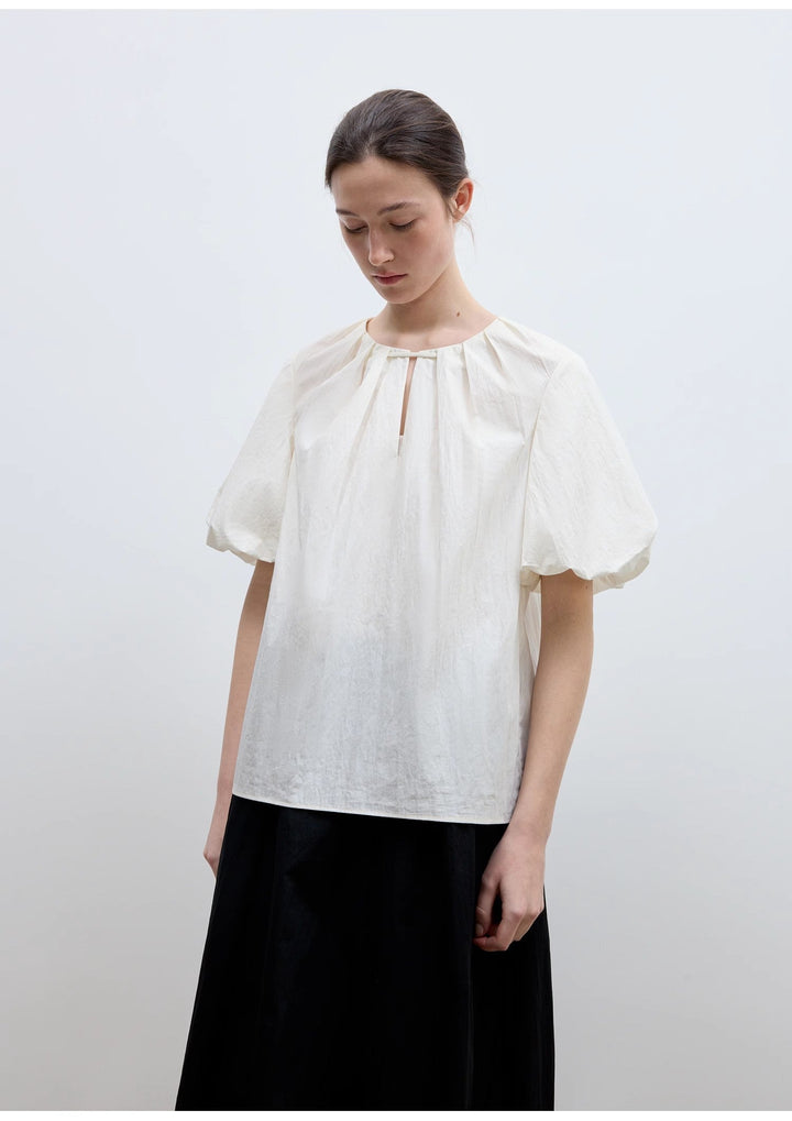 "Iceland Diary" neckline pleated design round neck tie puff sleeve short sleeve shirt for women by Firelady Fur