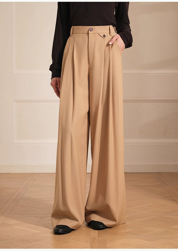 Merino wool blended double pleated wide-leg pants for women, versatile, drapey and comfortable casual trousers by Firelady Fur