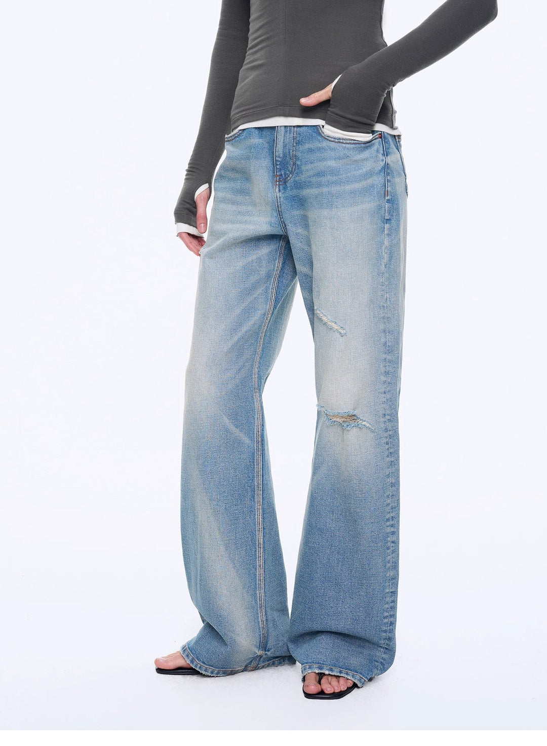 "West City Rhythm" Handmade Whisker Washed Flared Jeans Spring by Firelady Fur