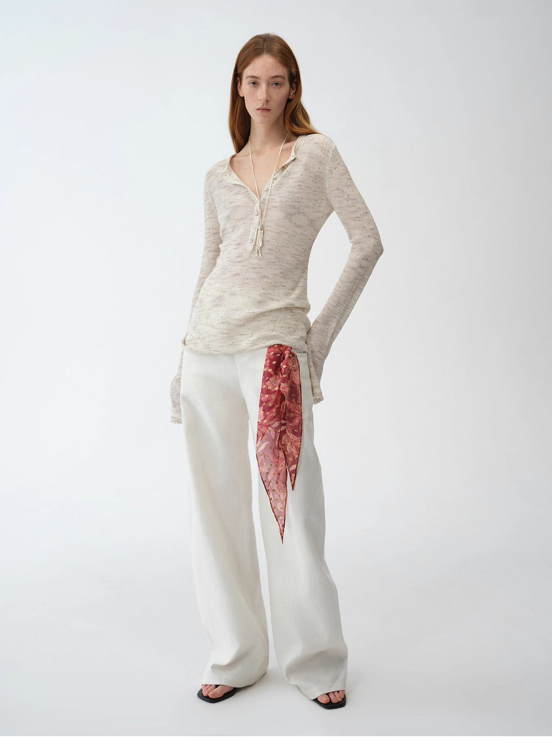 Fashionable cotton and linen beaded fancy yarn waisted bell sleeves round neck cardigan knitted top"Perry Moonlight" by Firelady Fur