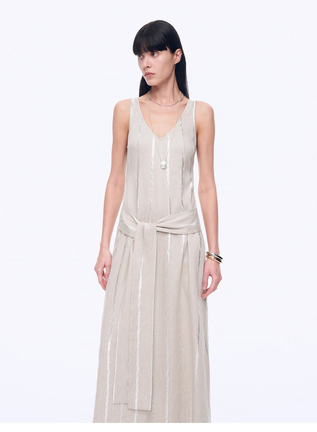 Silver Striped Linen V-Neck Drape Dress"Milan Holiday" by Firelady Fur