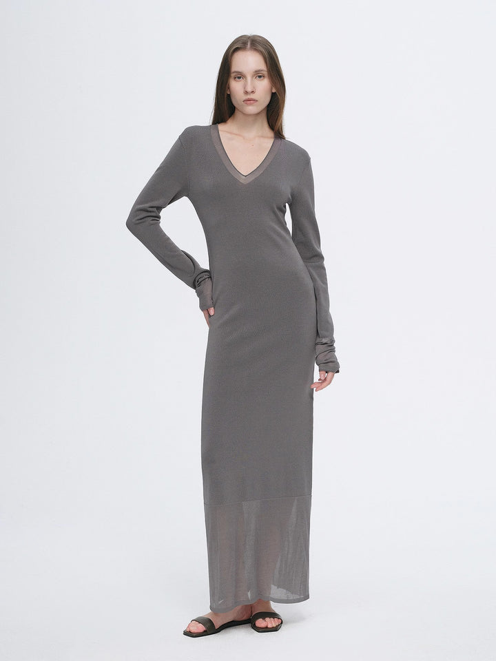 Elegant and intellectual triacetate Tencel blended skin-friendly transparent splicing design V-neck dress by Firelady Fur