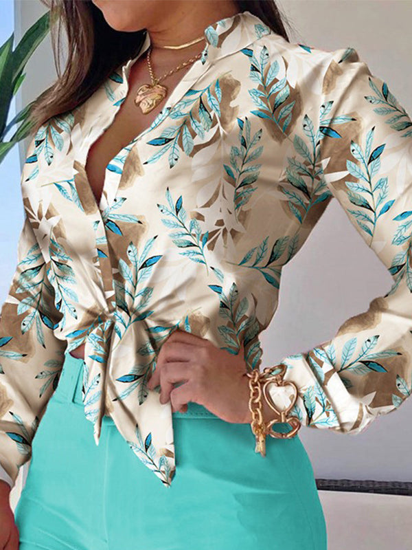 Long Sleeves Buttoned Leaves Print Deep V-Neck Shirts Top +Belted Shorts Bottom Two Pieces Set by migunica