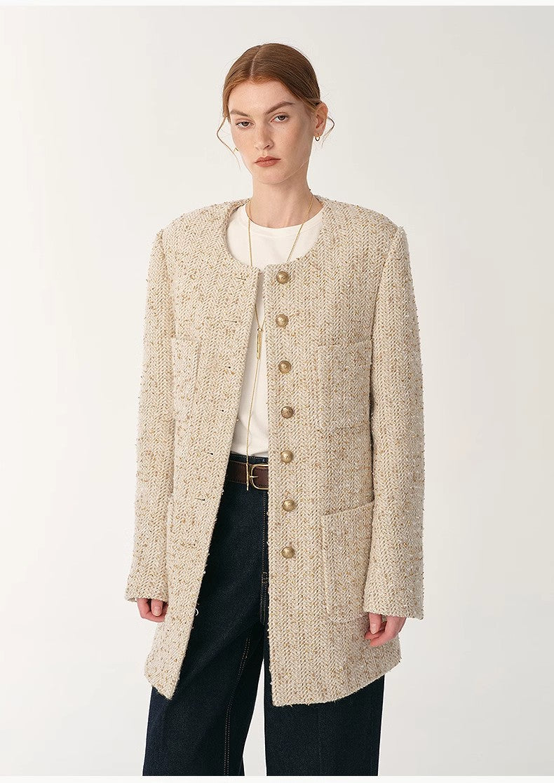 Heavy wool tweed high-end exquisite round neck patch pocket slim Chanel jacket for women by Firelady Fur