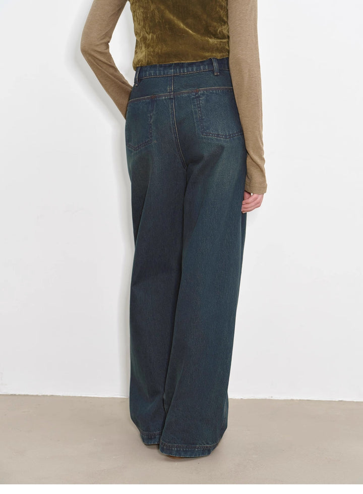 "Blue Island" heavy-duty distressed, slim and durable mid-rise curved knife cotton washed jeans by Firelady Fur