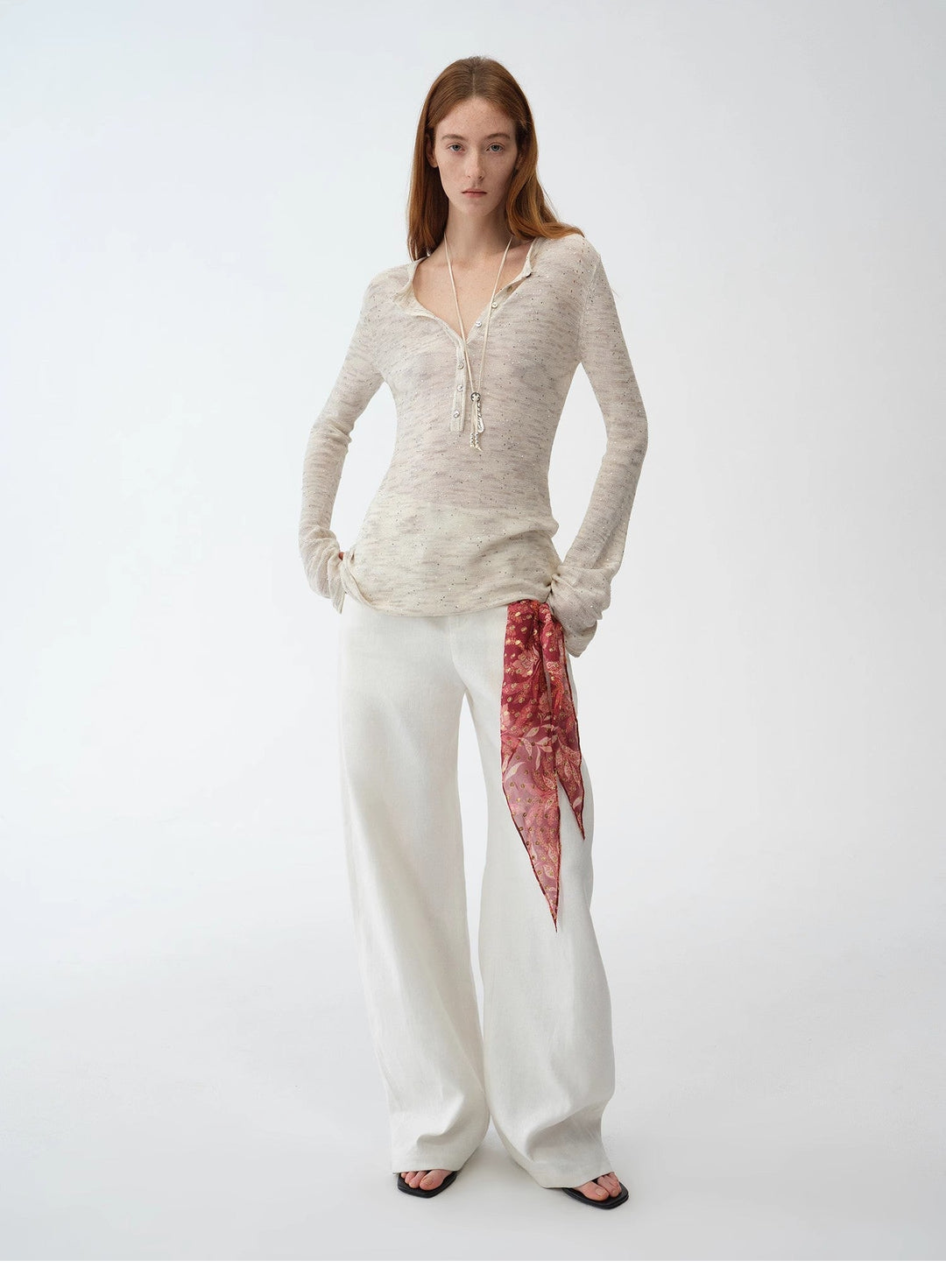 Fashionable cotton and linen beaded fancy yarn waisted bell sleeves round neck cardigan knitted top"Perry Moonlight" by Firelady Fur