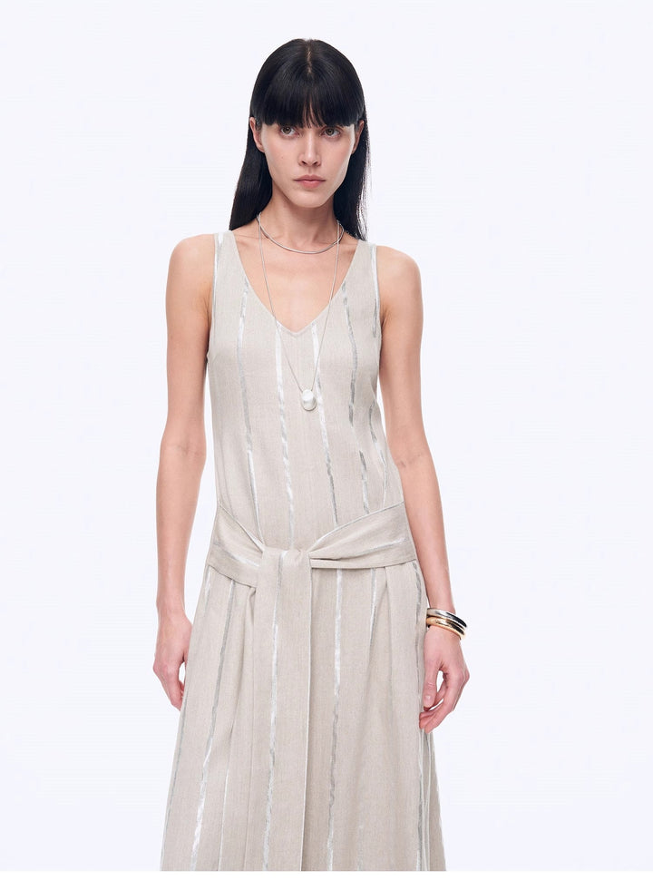 Silver Striped Linen V-Neck Drape Dress"Milan Holiday" by Firelady Fur