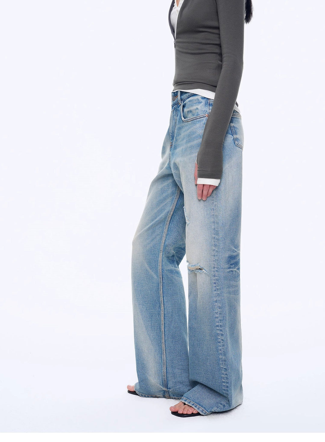"West City Rhythm" Handmade Whisker Washed Flared Jeans Spring by Firelady Fur