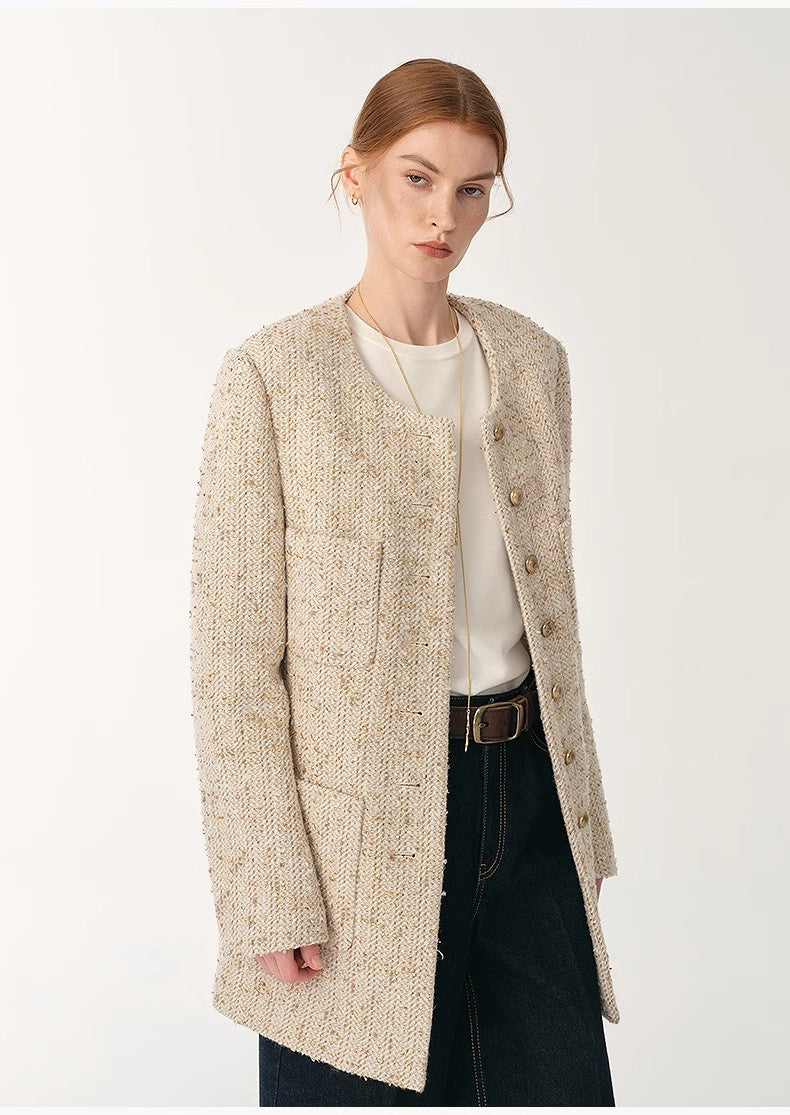 Heavy wool tweed high-end exquisite round neck patch pocket slim Chanel jacket for women by Firelady Fur