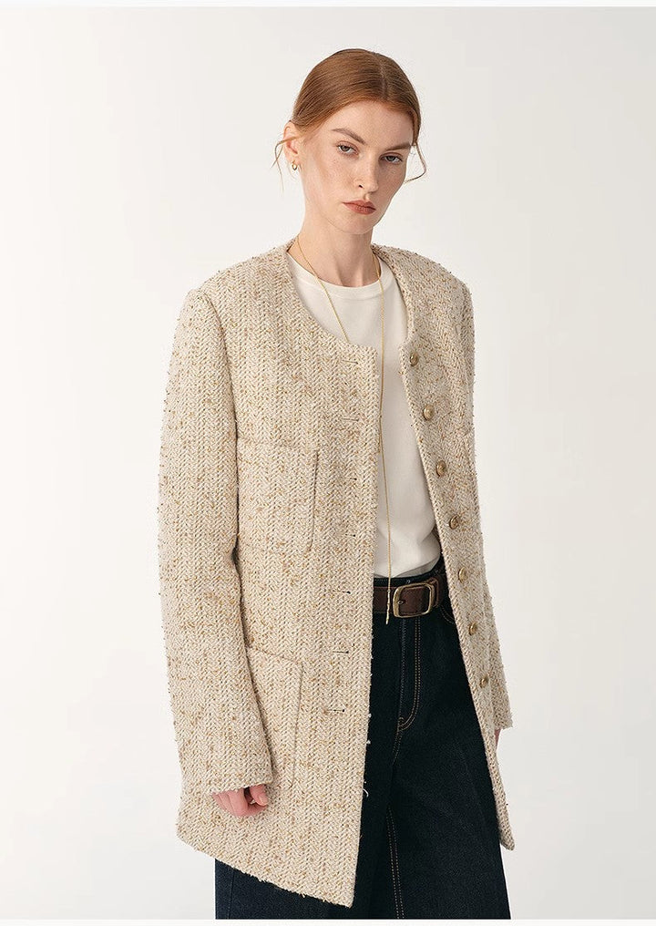 Heavy wool tweed high-end exquisite round neck patch pocket slim Chanel jacket for women by Firelady Fur