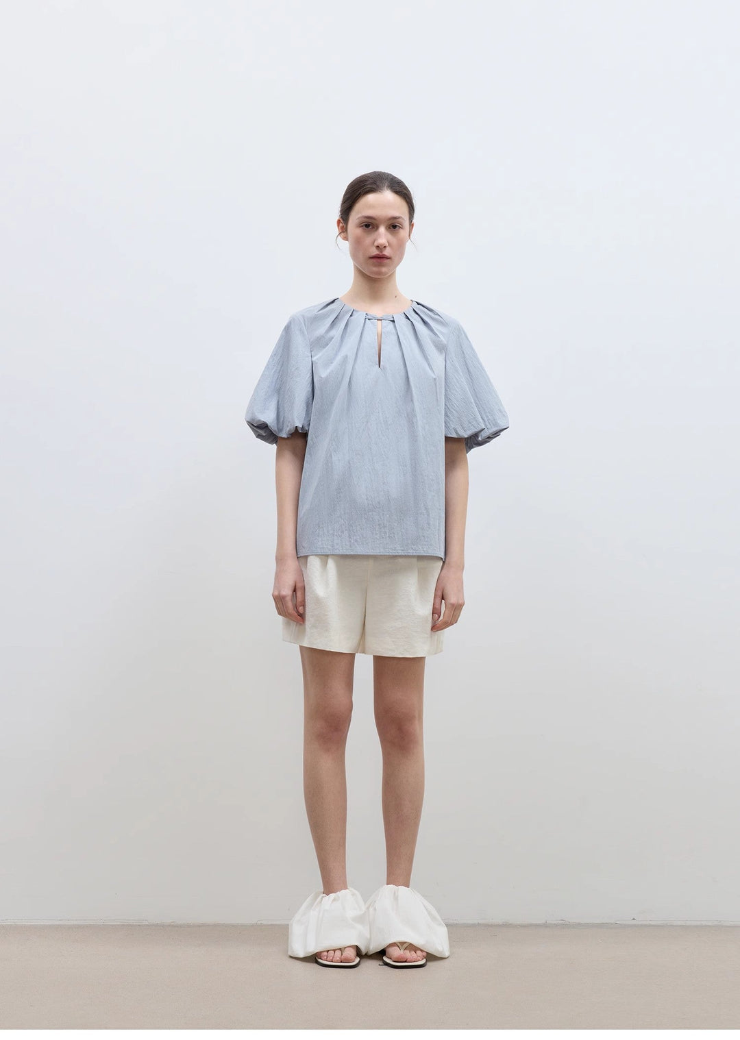 "Iceland Diary" neckline pleated design round neck tie puff sleeve short sleeve shirt for women by Firelady Fur