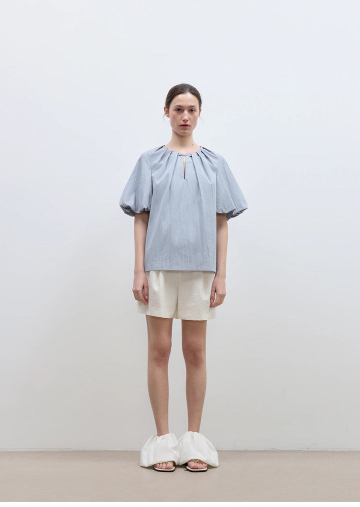 "Iceland Diary" neckline pleated design round neck tie puff sleeve short sleeve shirt for women by Firelady Fur