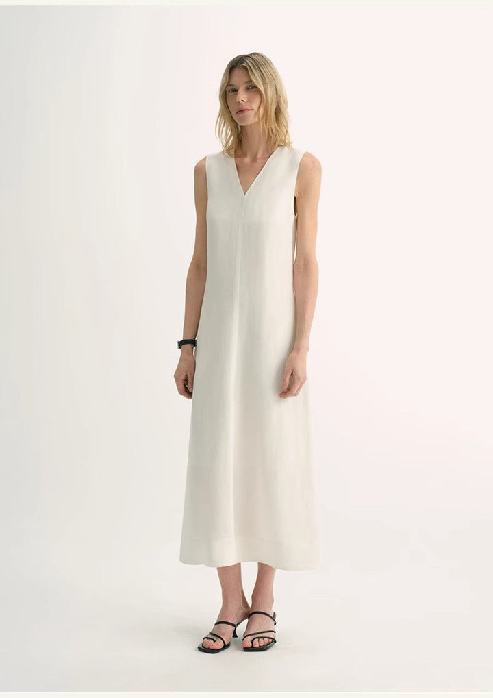 Lightweight and zero-pressure cupro linen textured anti-wrinkle V-neck sleeveless A-line dress by Firelady Fur