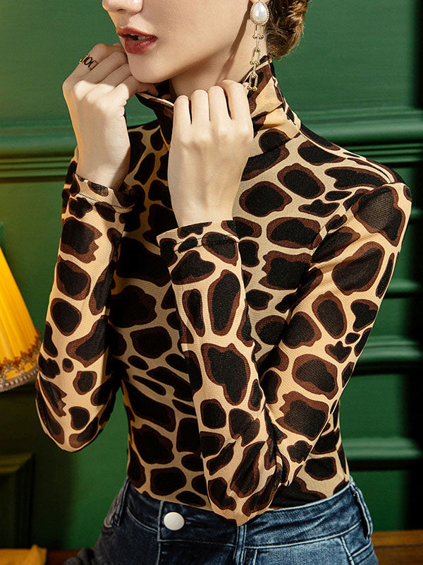 Long Sleeves Skinny Leopard High-Neck T-Shirts Tops by migunica