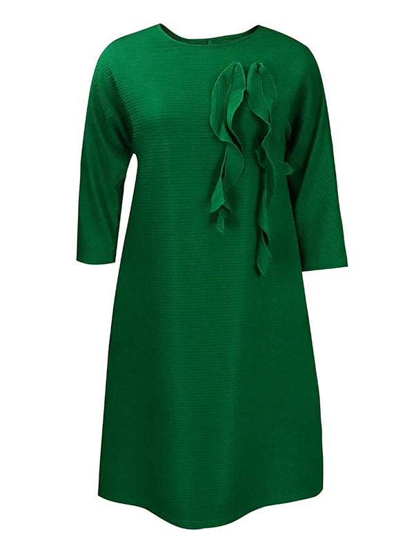 Vacation Long Sleeves A-Line Pleated Solid Color Round-Neck Midi Dresses by migunica