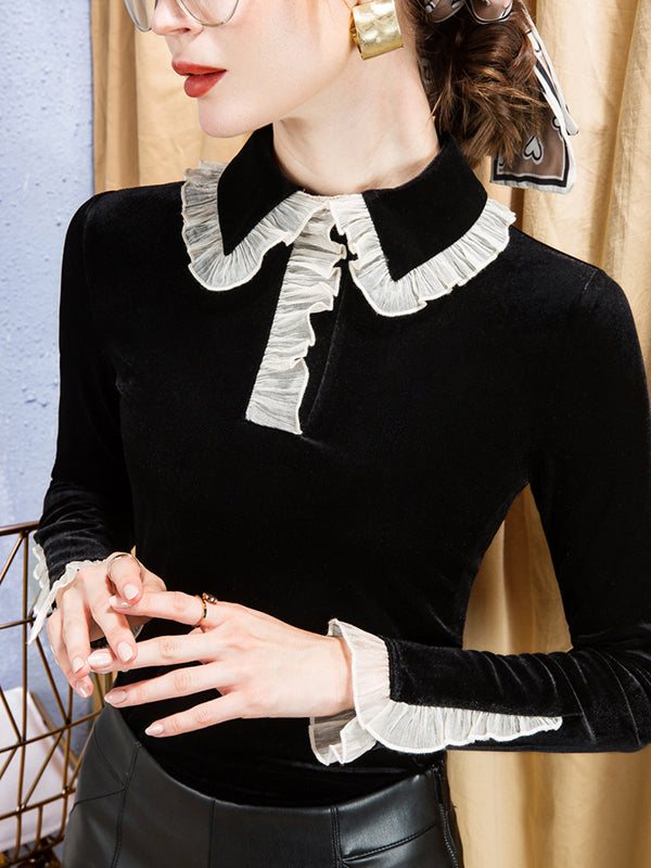 Long Sleeves Skinny Hollow Ruffled Peter Pan Collar T-Shirts Tops by migunica