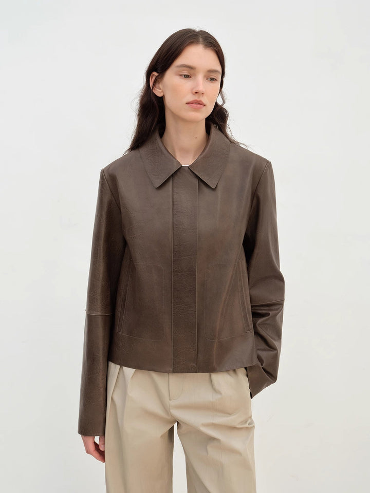 "Miss Sven" Lapel Two-tone Wax Sheepskin Short Jacket Leather Coat Women by Firelady Fur