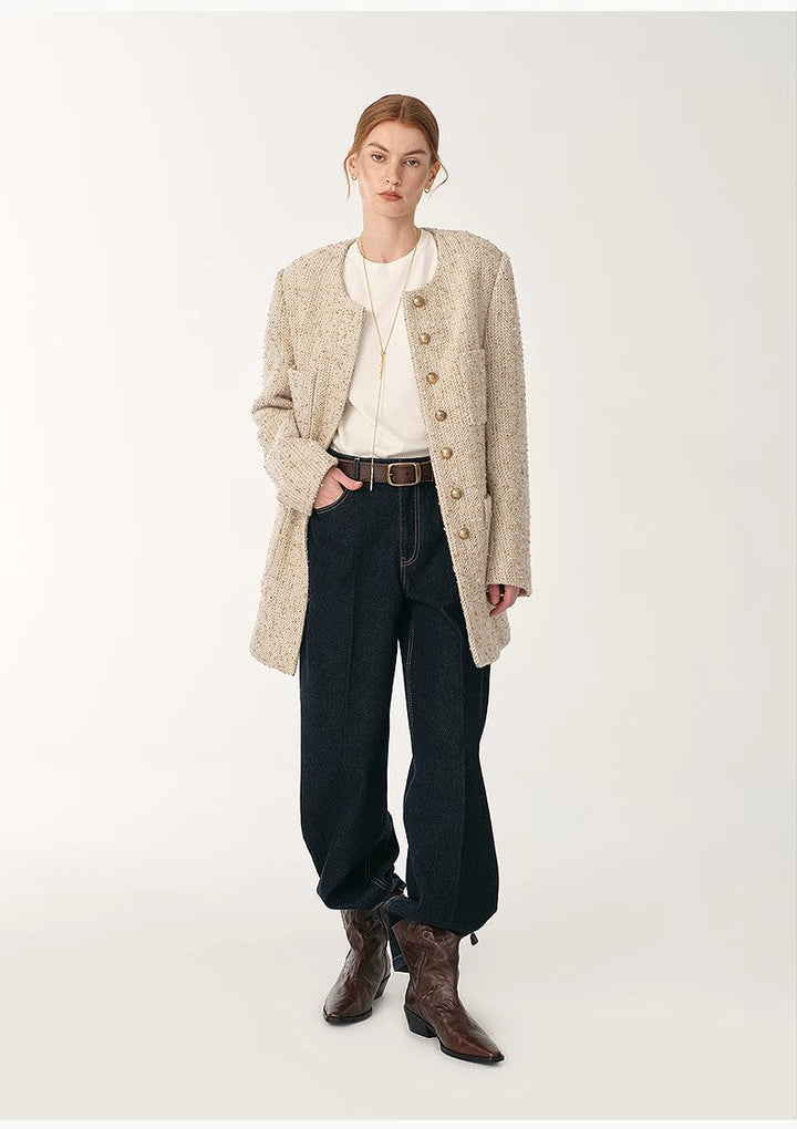 Heavy wool tweed high-end exquisite round neck patch pocket slim Chanel jacket for women by Firelady Fur