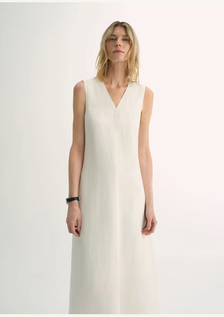 Lightweight and zero-pressure cupro linen textured anti-wrinkle V-neck sleeveless A-line dress by Firelady Fur